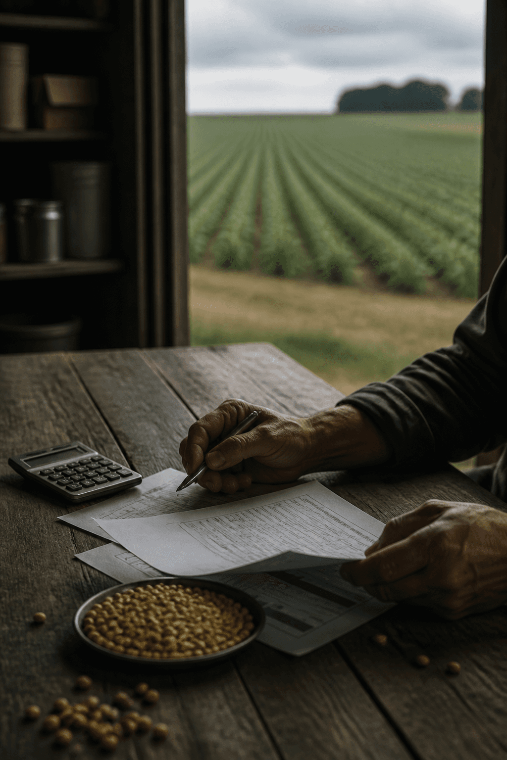 Produtor analisando documentos e planejamento da atividade rural diante de uma lavoura.